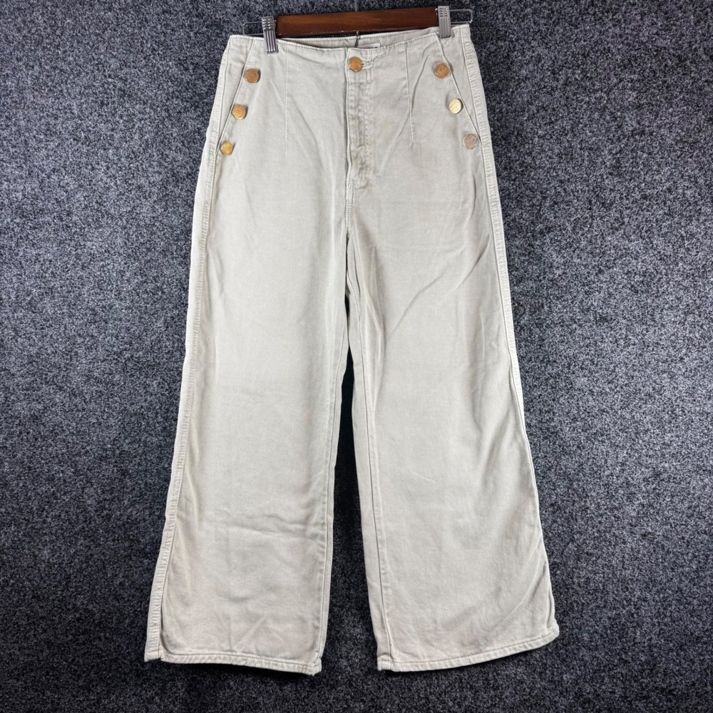 Zara Khaki Beige Sailor Pants Wide Leg Gold Button High Waist Twill Womens 4